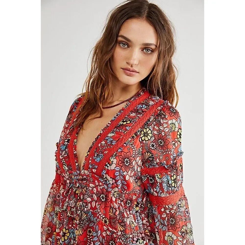 NEW FREE PEOPLE CASSIS PRINTED EMBROIDERED TIERED MAXI RED - Picture 4 of 4